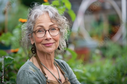 Fototapeta Naklejka Na Ścianę i Meble -  A woman with glasses standing in a garden. Suitable for lifestyle and gardening concepts