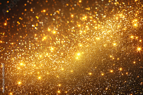 gold Sparkling Lights Festive background with texture. Abstract twinkled bright bokeh defocused and Falling stars. Winter Card or invitation © Rana