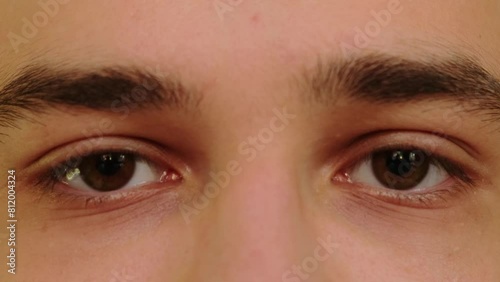 Macro portrait of young adult handsome asian man looking at camera. Male's dark brown eyes close-up. photo