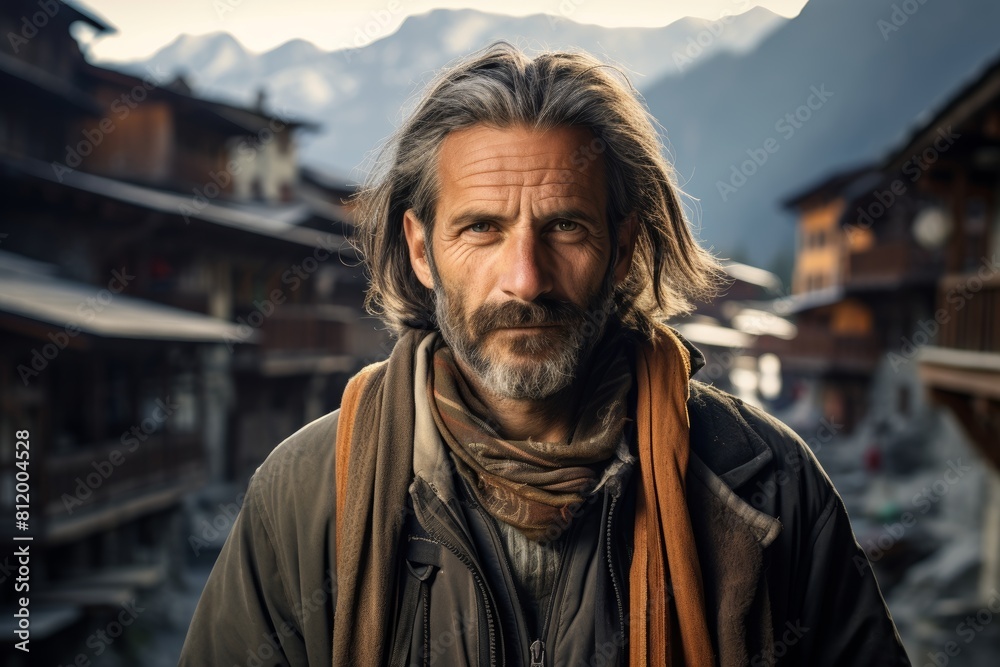 A Serene Portrait of a Contemplative Individual Standing Before the Quaint and Picturesque Alpine Village Nestled Among Majestic Snow-Capped Mountains A Serene Portrait of a Contemplative Individual Standing Before the Quaint and Picturesque Alpine Village Nestled Among Majestic Snow-Capped Mountains