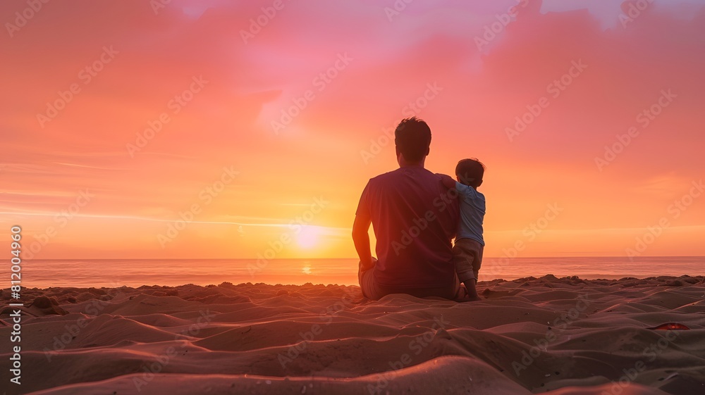Portrait of a Father and Son sitting on beach, Father's Day