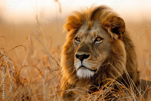 Lion portrait, lion in the savanna African wildlife landscape, AI-generated