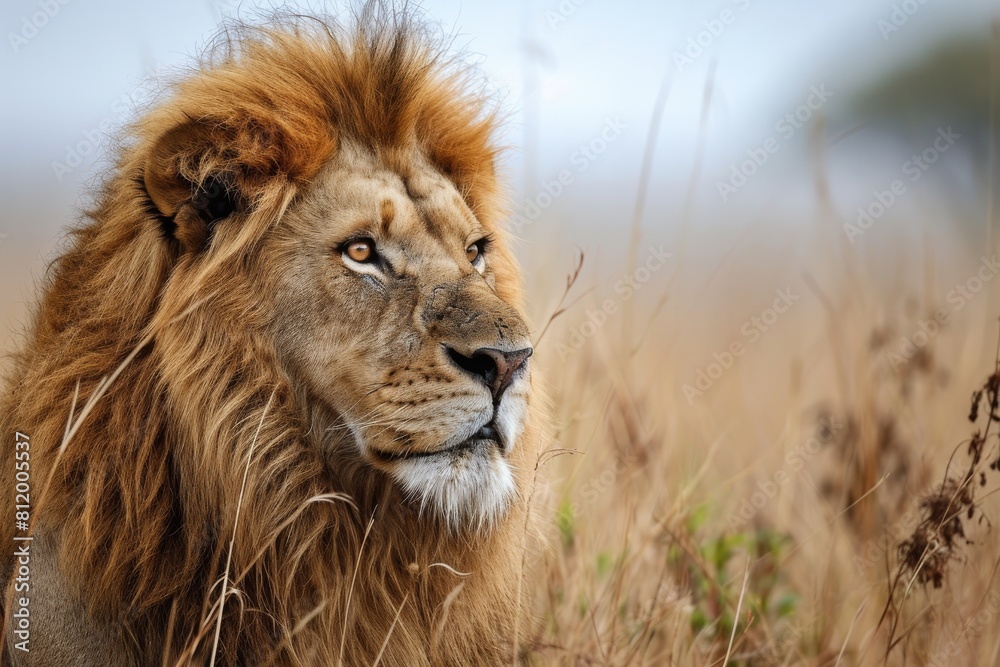 Fototapeta premium Lion portrait, lion in the savanna African wildlife landscape, AI-generated