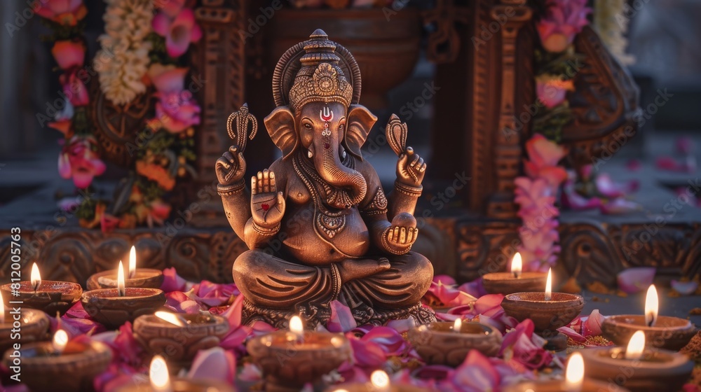 Ganesha crafted in terracotta surrounded by diyas (oil lamps), evoking a warm, festive feel
