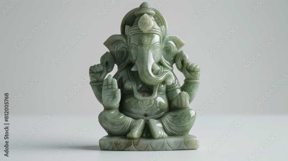 Ganesha figurine crafted from jade, positioned on a white background to highlight its fine details Ganesha figurine crafted from jade, positioned on a white background to highlight its fine details