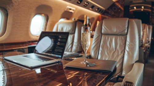 Luxury business interior of a private airjet or airplane, laptop and champagne on the table © Elvin