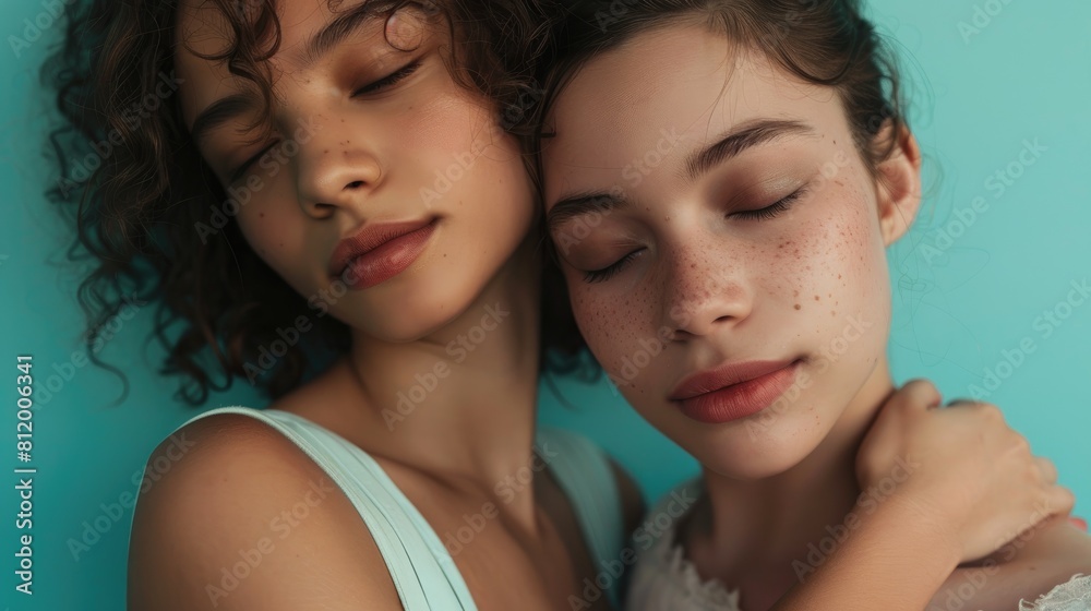 A photo capturing two girls embracing each other warmly symbolizing their deep friendship with a teal background provides ample space for texts or additional elements A photo capturing two girls embracing each other warmly symbolizing their deep friendship with a teal background provides ample space for texts or additional elements