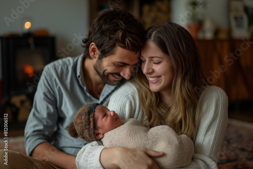 portrait of happy young family with newborn baby