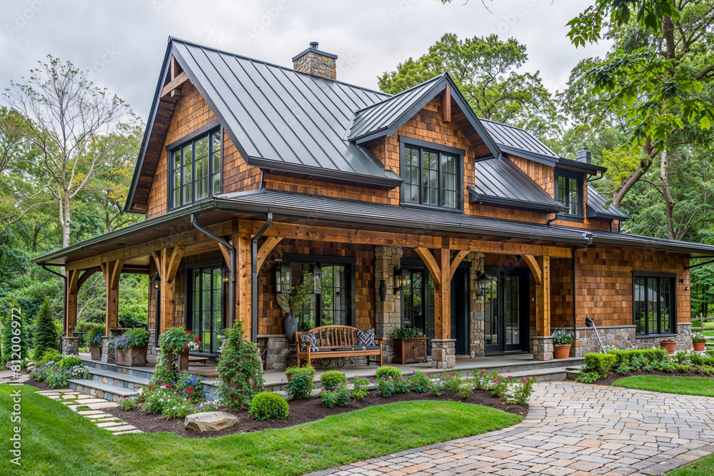 Exterior of a modern farmhouse style house in wood facade and metal roof cover Exterior of a modern farmhouse style house in wood facade and metal roof cover