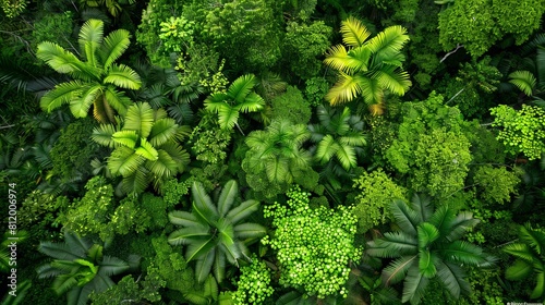 Green leaves of tropical jungle plants viewed from above