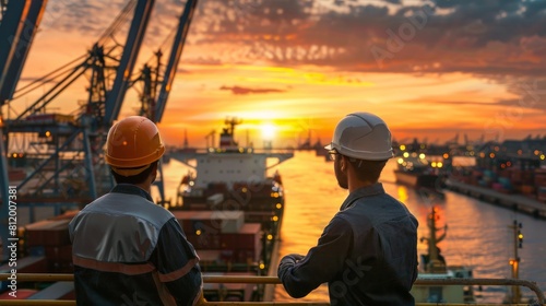 Two engineers in hard hats looking out at a busy shipping port at sunset.Water transportation industry  logistics  cruise ship production  transport ship production  fisheries