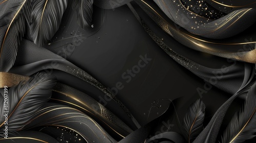 Luxurious Black Banner Background with Feathers Golden Line Art: Elegant and Stylish Design for Exclusive Events and High-End Decor
 photo