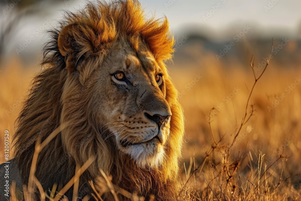Lion portrait, lion in the savanna African wildlife landscape, AI-generated Lion portrait, lion in the savanna African wildlife landscape, AI-generated
