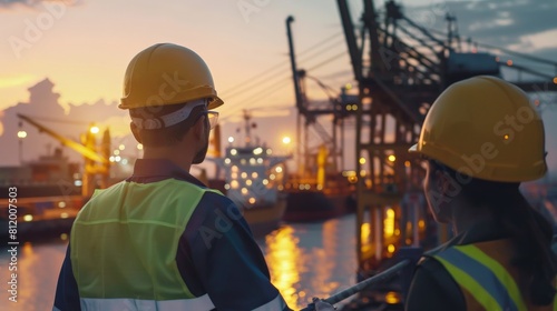 Two engineers in hard hats looking out at a busy shipping port at sunset.Water transportation industry, logistics, cruise ship production, transport ship production, fisheries