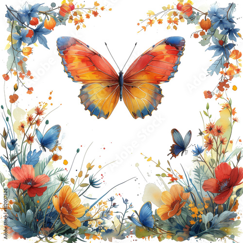 A watercolor painting of a field of flowers and butterflies flying over it, with a white background