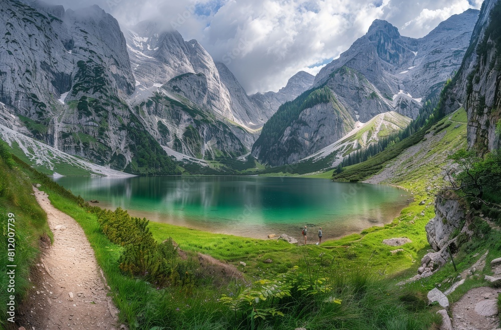 Wide-angle photo shows the surroundings around an alpine lake 