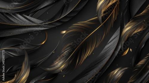 Luxurious Black Banner Background with Feathers Golden Line Art: Elegant and Stylish Design for Exclusive Events and High-End Decor
 photo