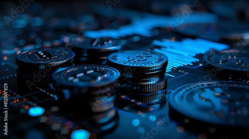 A close up of a stack of Bitcoin cryptocurrency coins with a blue tint. photo