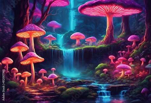 "Step into a mesmerizing realm of enchantment with a magical, psychedelic forest of fluorescent neon mushrooms, surrounded by a fairy landscape and a cascading waterfall stream. Experience this captiv