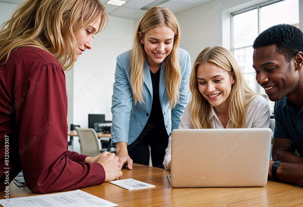 Teamwork at office. People are working with laptops, documents and talking between each other. Teamwork at office. People are working with laptops, documents and talking between each other.