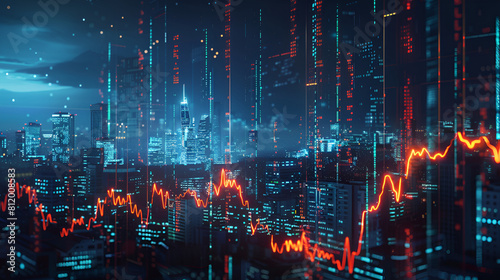 Abstract night city background  A stunning visual of a city skyline at dusk overlaid with glowing digital financial graphs  symbolizing the dynamic economy and technological advancement of urban life