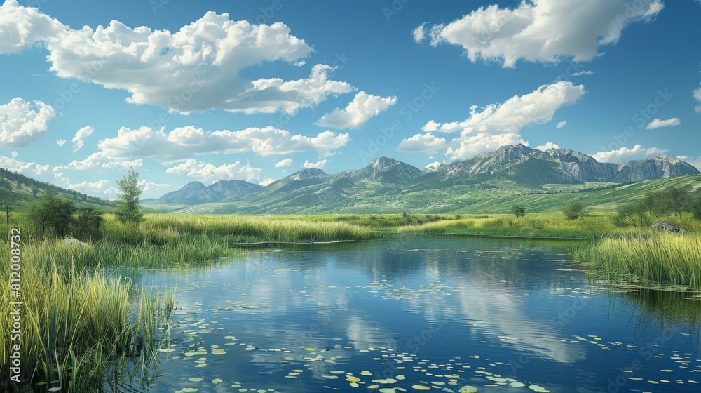 The sun shines on the beautiful mountain lake and green grassland