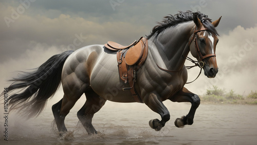 A dappled gray horse with a long black mane and tail is running in a field