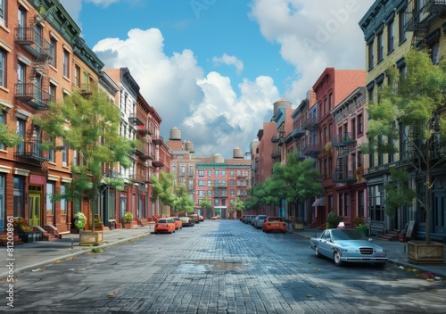 New York City street with colorful buildings and parked cars