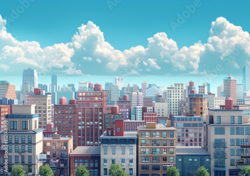 A beautiful cartoon city with blue sky and white clouds