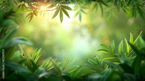 Illustration of a lush green jungle wallpaper  Illustration of green jungle leaves and a green blurry bokeh background  Exotic green leaves  AI generated