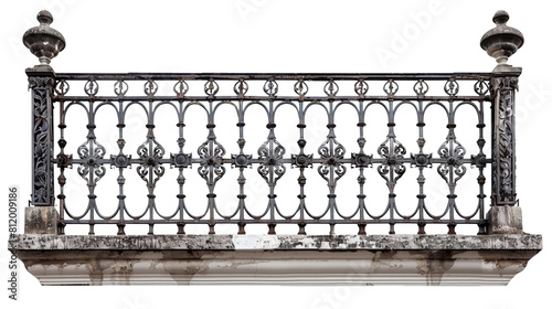 A Victorian-style balcony railing with intricate wrought ironwork, isolated on a transparent background.
