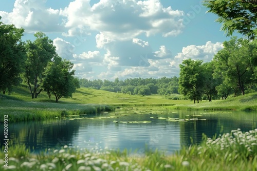 Tranquil Countryside Pond Surrounded by Trees and Green Fields