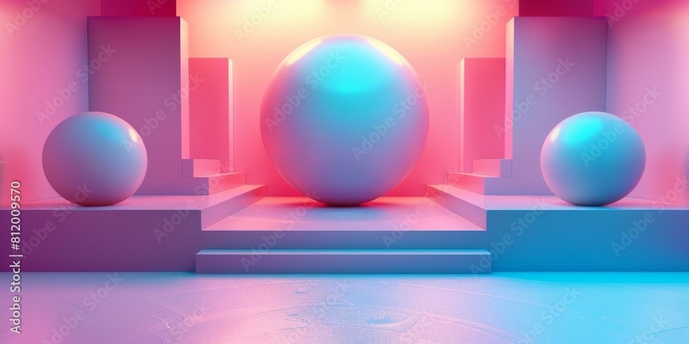 3D rendering of spheres on a podium with pink and blue neon lights 3D rendering of spheres on a podium with pink and blue neon lights