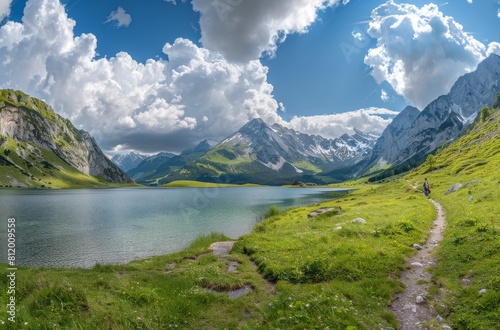 Wide-angle photo shows the surroundings around an alpine lake 