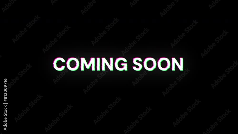 Coming soon text with screen effects of technological failures. Spectacular screen glitch with various kinds of interference. Looped