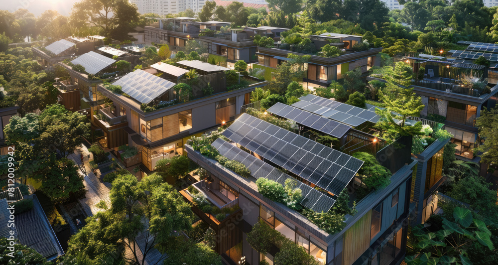 An aerial view of sustainable residential buildings with solar panels on the roofs, surrounded by lush greenery and trees, showcasing energy tones in their design