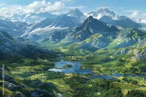 Fantasy landscape with mountains  lake and green hills