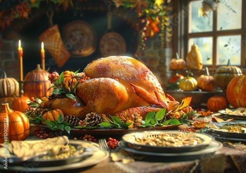 Thanksgiving dinner table with roasted turkey, pumpkins, candles and autumn leaves photo