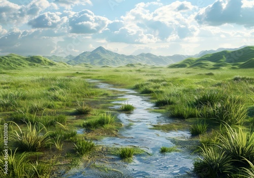 Small river flowing through a green grassy plain