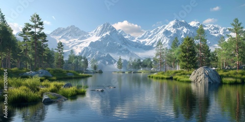 Tranquil mountain lake and dense evergreen forest landscape