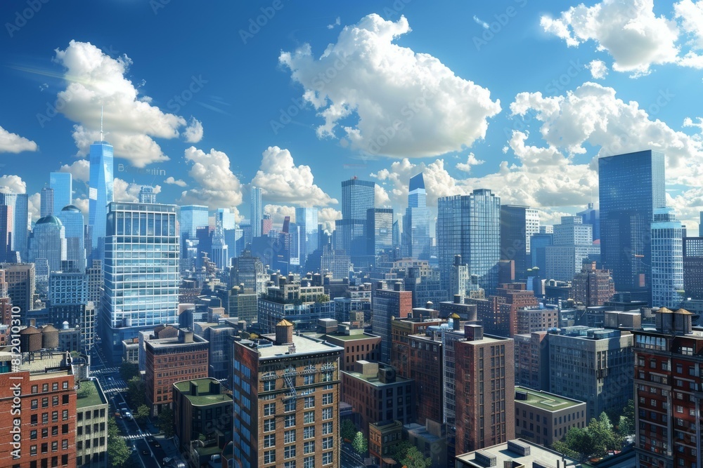 Fototapeta premium A cityscape of a modern city with skyscrapers and a blue sky
