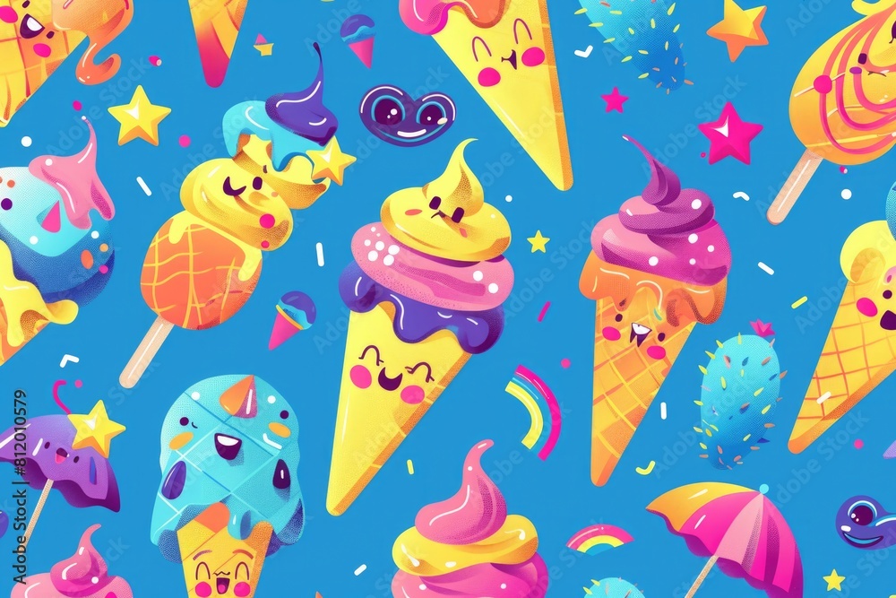 A selection of ice cream cones with different toppings. Ideal for food and dessert concepts