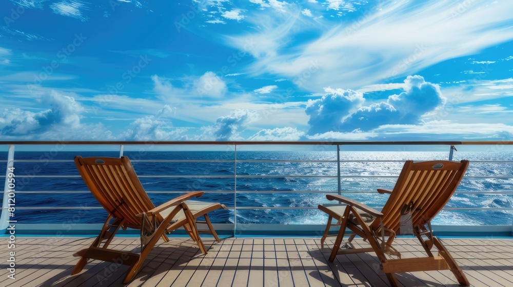 Luxury Cruise Ship Deck Lounge Chairs and Ocean Horizon Create Tranquil Escape for Vacationers Seeking Serenity
