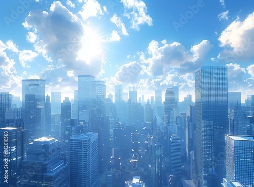 A cityscape image of a modern city with skyscrapers and a blue sky