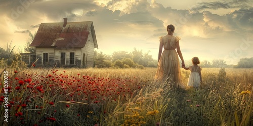 Mother and daughter walking in a field of red flowers with an old house in the background