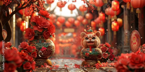 A cute cartoon tiger mascot stands in a festive Chinese New Year street