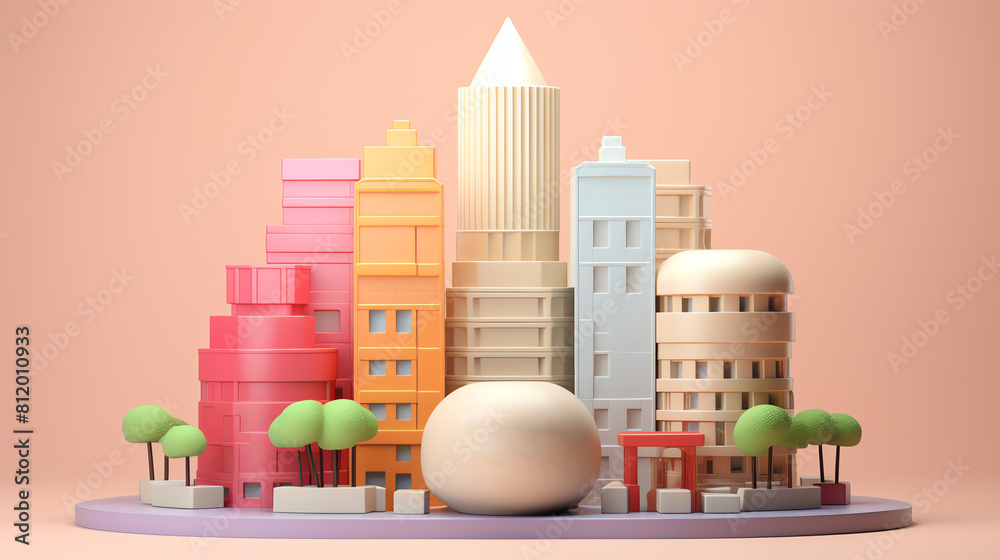 A beautiful 3D illustration of a city with pastel-colored buildings and a large white sculpture in the center.