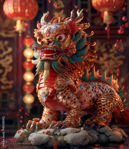 A 3D rendering of a Chinese guardian lion with red and gold accents.