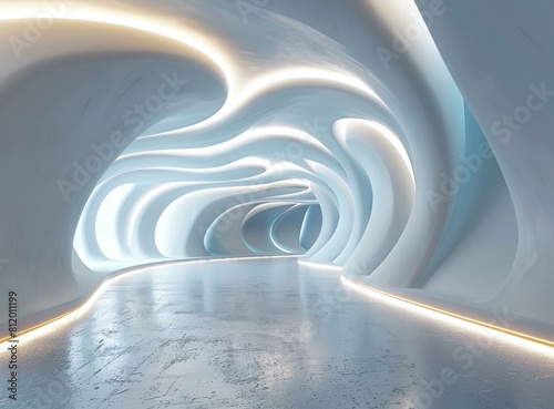 Futuristic tunnel with glowing white curved walls and concrete floor