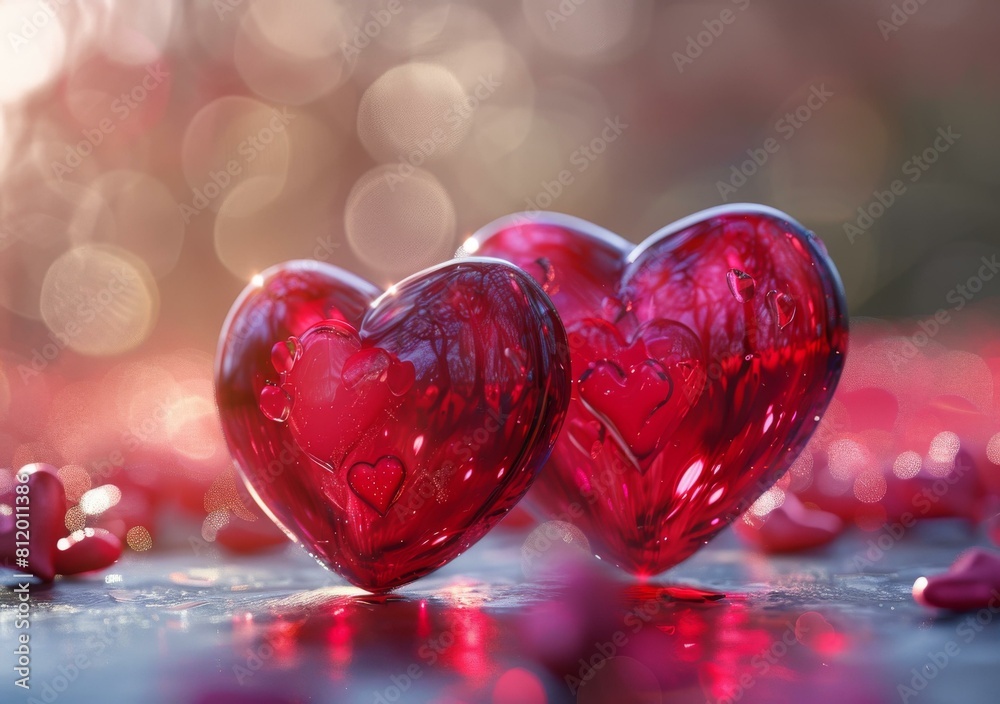 Two red glass hearts with small heart cutouts Two red glass hearts with small heart cutouts